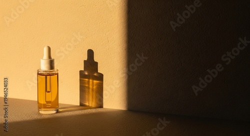 Two amber glass dropper bottles with golden serum casting shadows on a warm yellow wall.