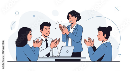 Business team applauding success, celebrating achievement in office meeting, teamwork concept