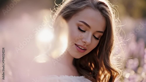 Young Woman with Wavy Hair in Field of Flowers, Golden Hour Light
