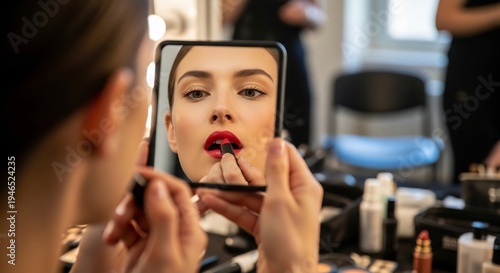 Woman applying bold red lipstick in a mirror during makeup application.