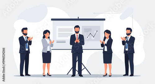 Business team applauding presenter after successful presentation at whiteboard