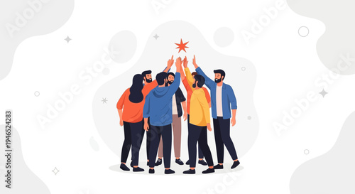 Diverse team celebrating success, reaching for a star, teamwork and achievement concept