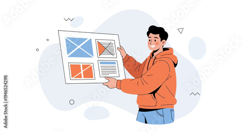 Man holding wireframe website design, UI/UX designer planning layout, digital interface planning