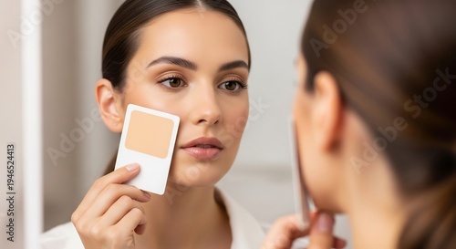 Young Woman Applying Foundation with a Puff in Front of a Mirror.