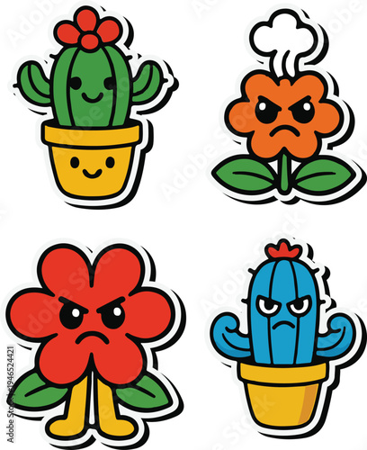 Cute Grumpy Cactus and Flower Character Sticker Set, Four expressive cartoon plant characters featuring angry and happy cacti and flowers with white borders in a sticker style.