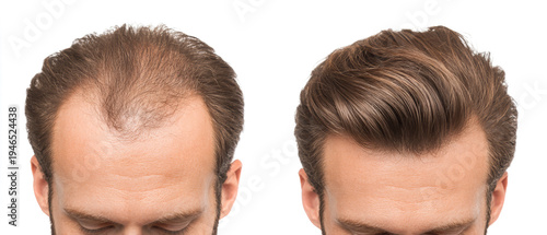 Before and after comparison of a man's hair shows a dramatic change from thinning to thick, healthy locks, emphasizing hair restoration success