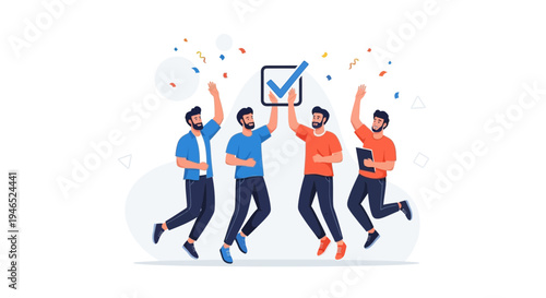 Teamwork success: Four men jumping for joy with checkmark and confetti