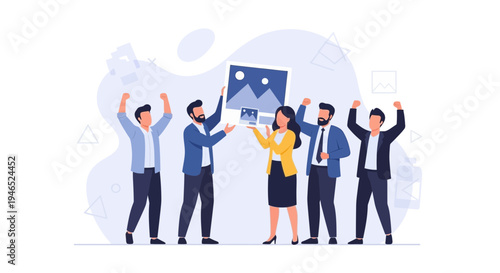 Team celebrating success, holding up photos, business achievement, teamwork, collaboration