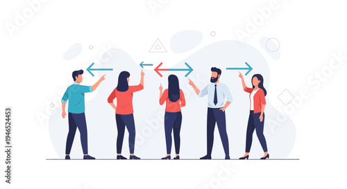 Diverse people pointing at arrows indicating social distancing and connection