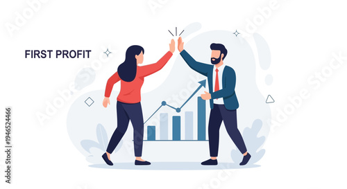 Business partners celebrating first profit with high five and growing graph