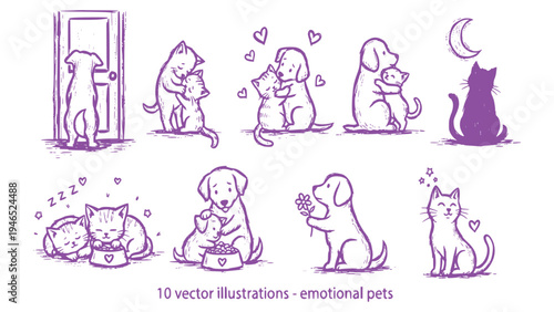 Emotional pets illustrations show adorable moments with dogs and cats