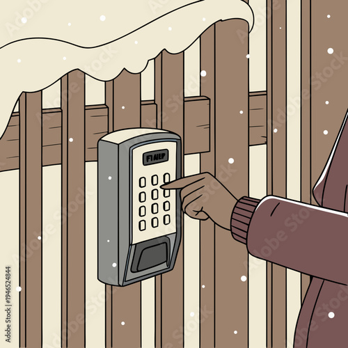 Person entering security code on keypad during snowy weather.