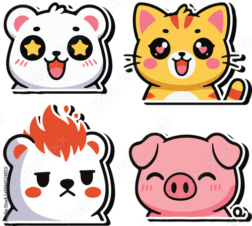 Kawaii Animal Head Sticker Set with Diverse Expressions, Four adorable animal face stickers including a star-eyed bear, heart-eyed cat, grumpy mohawk bear, and a smiling pink pig