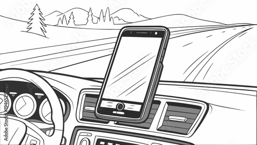Smartphone mounted on car dashboard with road and mountains in background.