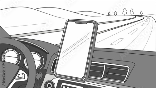 Smartphone mounted on car dashboard during a road trip.