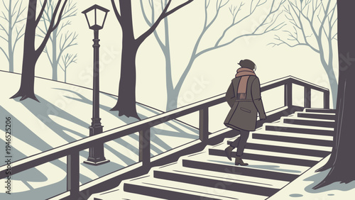 Woman climbing snowy stairs in a winter park with bare trees and a lamppost.