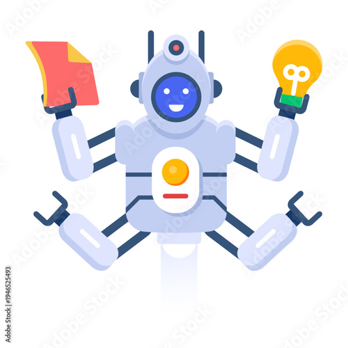 A flat style icon showing a multitasking robot 