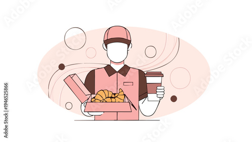 Un ilustrador vectorial de un chico de reparto sonriente con un paquete en mano, listo para entregar en un entorno urbano de España, con un diseño plano y moderno.