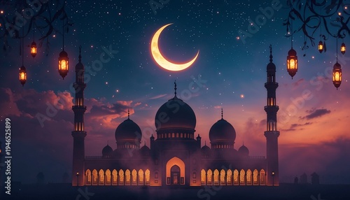Eid Mubarak Islamic Night Scene with Crescent Moon and Grand Mosque Silhouette
