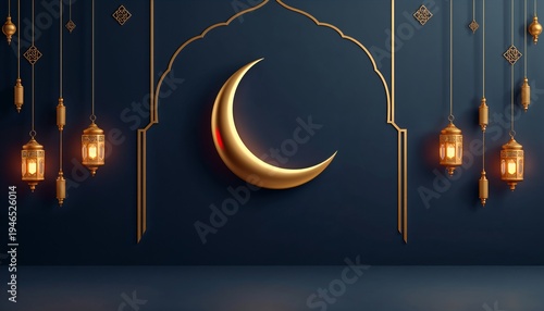 Elegant Eid Mubarak Background with Golden Crescent Moon and Hanging Lanterns