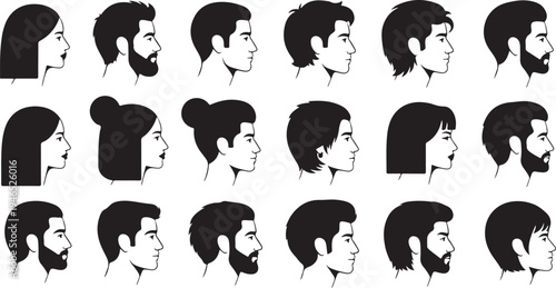 Collection of black and white of different hairstyles and facial profiles side views