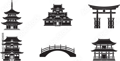 Eight black and white japanese architecture and landmark pagoda castle torii gate bridge desi