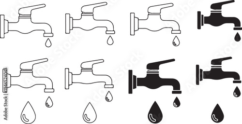 Eight faucets with dripping water in black and white desig