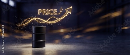 Black oil barrel with price increase symbol in industrial setting  