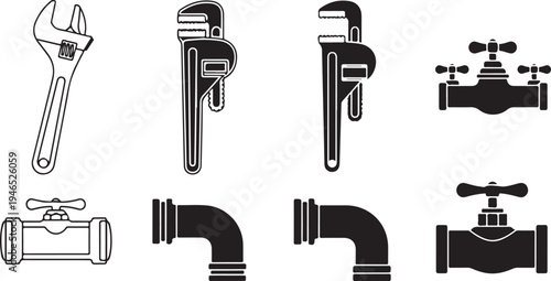 Set of black and white plumbing tools and pipe fittings wrench valve des