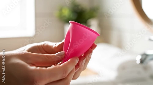Woman's Hands Holding Pink Menstrual Cup in Bathroom, Feminine Hygiene Product
