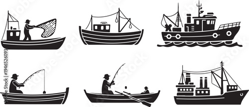 Six black and white boats with fishing activities and equipment silhouette fishing rod