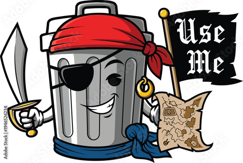 Pirate-themed coffee mug with sword, skull, and pirate flag