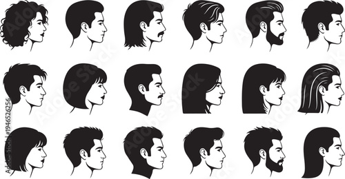 Black and white line of diverse human profiles with different hairstyles and facial side view
