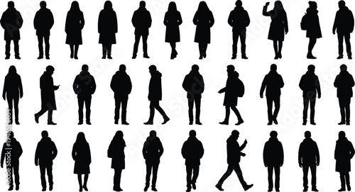 People silhouettes set standing walking and casual poses isolated on white background diverse men and women urban crowd vector illustration