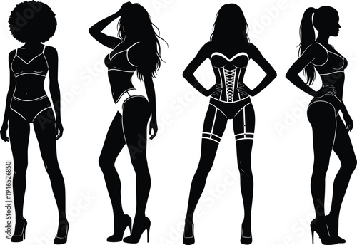 Sexy female body silhouette collection in lingerie high heels different poses stylish women figures fashion model vector illustration isolated set