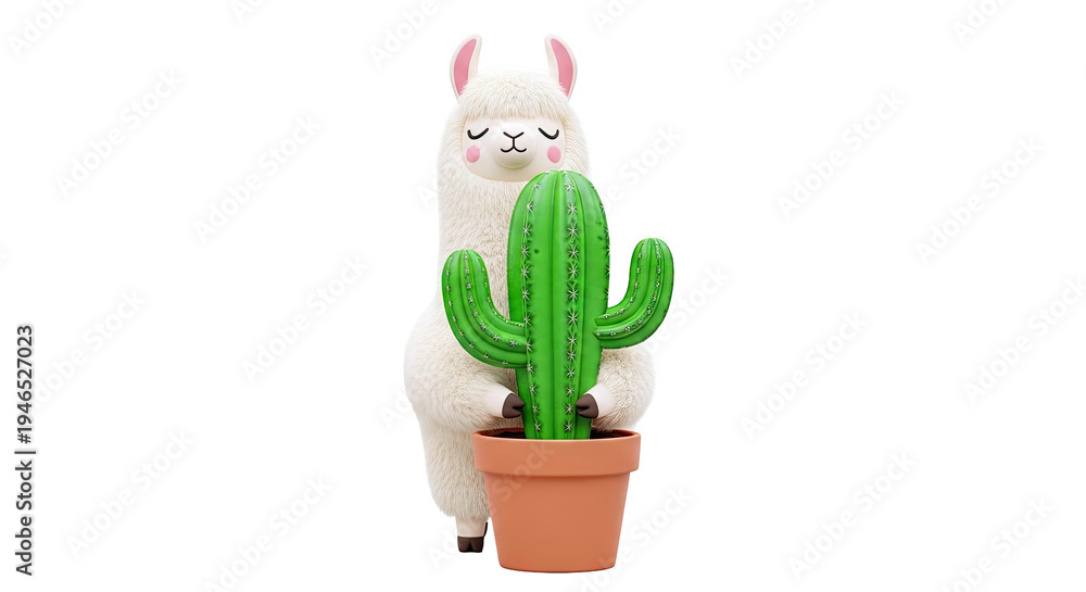 Fototapeta premium Cute Cartoon Llama Hugging a Potted Cactus