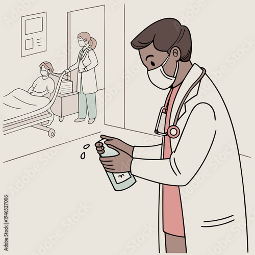 Doctor sanitizing hands before examination