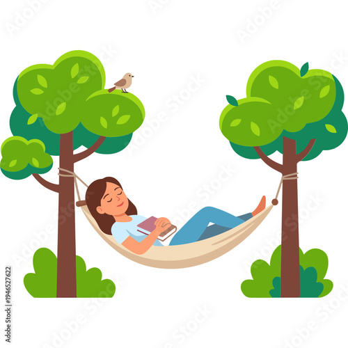 Woman relaxing in a hammock between two trees reading a book