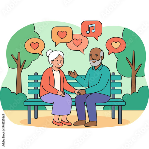 Elderly couple sitting on a park bench chatting and sharing love and music