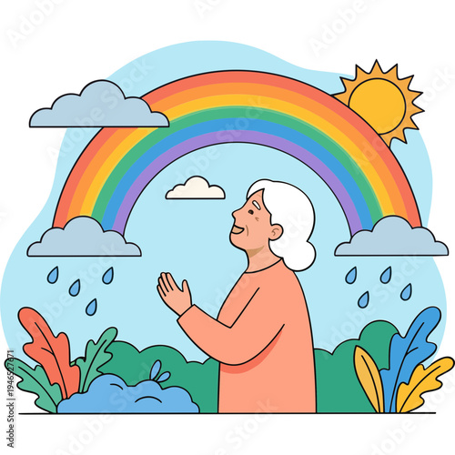 Elderly woman praying under a vibrant rainbow with clouds and sun shining through raindrops in the garden