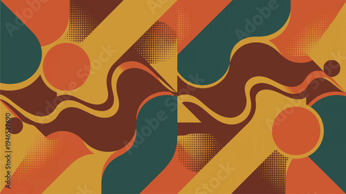 Vibrant abstract composition with wavy lines circles and geometric shapes in orange yellow brown and green hues creating dynamic movement and energy