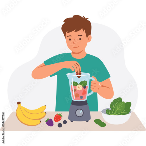 Man making a fruit smoothie with bananas and spinach in kitchen