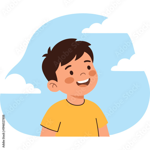 A cheerful boy wearing a yellow shirt smiles outside on a sunny day with clouds.