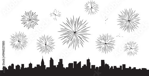white background new year fireworks black silhouette vector