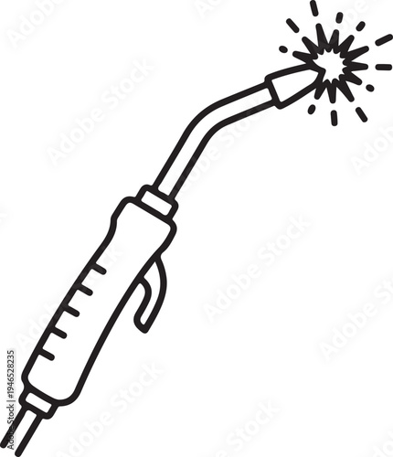 A black and white drawing of a welding torch with sparks