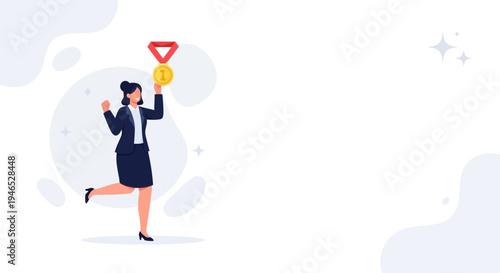 Successful businesswoman celebrating with a gold medal, achievement and victory concept
