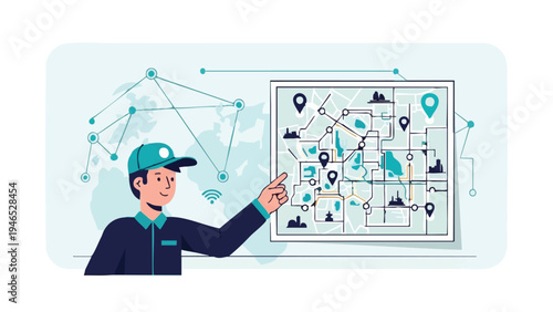 Un joven repartidor sonriente entrega un paquete en un entorno urbano soleado, con un fondo de edificios altos y árboles, capturado en un estilo de ilustración vectorial plana y moderna.