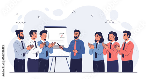 Business meeting success, team applauds presenter by whiteboard presentation