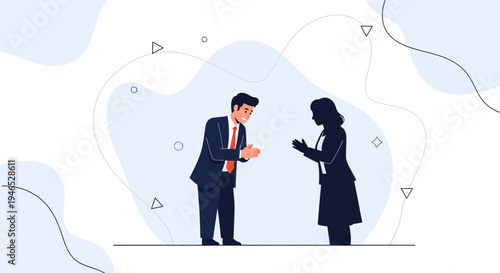 Business meeting, man bowing to woman, professional interaction, teamwork, greeting