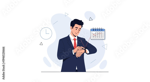 Businessman checking watch near calendar and clock, time management concept